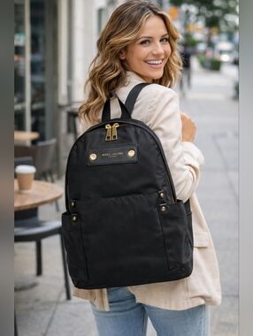 Marc Jacobs Nylon Backpack Black Gold Hardware Structured Logo Bag